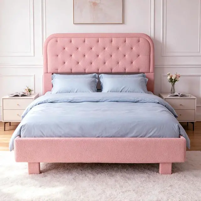 Main image of VINGLI Pink Queen Bed Frame Boucle Upholstered Platform Bed with Rounded Corner Headboard,Cozy Soft Fabric Bed with Solid Wood Slats
