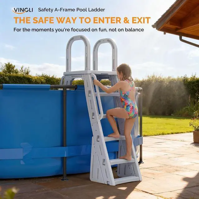 Alt view image 2 of 7 - VINGLI A-Frame Pool Ladder Above Ground, Steps with Handrails -Light Gray | A-frame stair with dual-sided steps for easy entry and exit, sturdy handrails provide secure grip, fits under 58inch pools