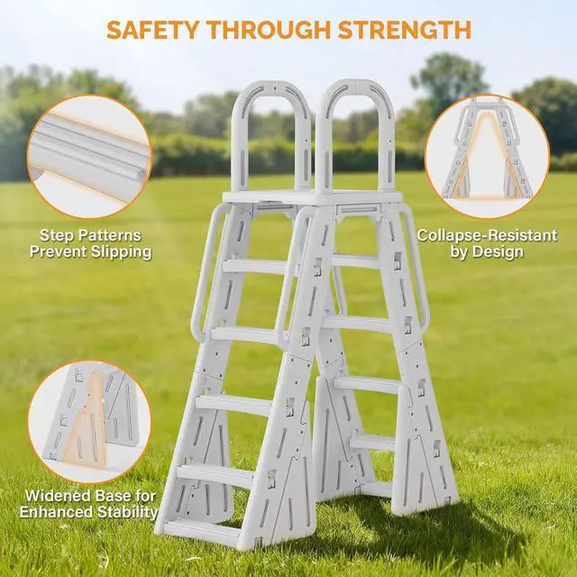 Alt view image 3 of 7 - VINGLI A-Frame Pool Ladder Above Ground, Steps with Handrails -Light Gray | A-frame stair with dual-sided steps for easy entry and exit, sturdy handrails provide secure grip, fits under 58inch pools