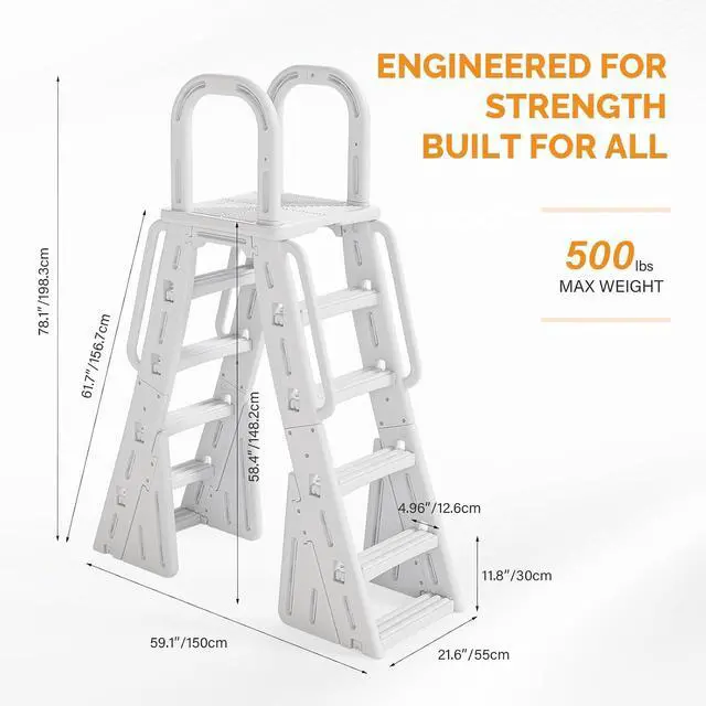 Alt view image 5 of 7 - VINGLI A-Frame Pool Ladder Above Ground, Steps with Handrails -Light Gray | A-frame stair with dual-sided steps for easy entry and exit, sturdy handrails provide secure grip, fits under 58inch pools