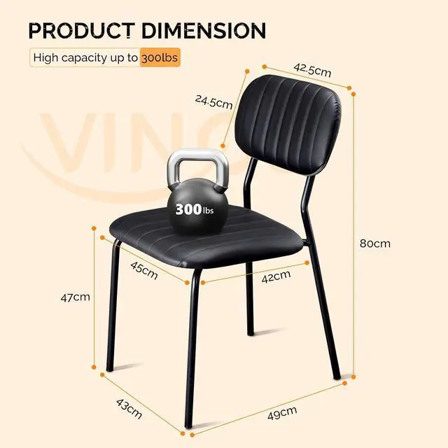 Alt view image 3 of 7 - VINGLI Modern PU Padded Stacking Dining Chair Set of 2 for Home, Black | Comfortable PU Padded Seat, Stackable Metal Frame Chair, Space-saving, Indoor Office Home Commercial Use, Easy to install