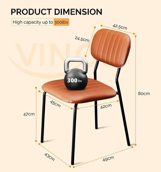 Alt view image 2 of 3 - VINGLI Modern PU Padded Stacking Dining Chair Set of 2 for Home, Brown | Comfortable PU Padded Seat, Stackable Metal Frame Chair, Space-saving, Indoor Office Home Commercial Use, Easy to install