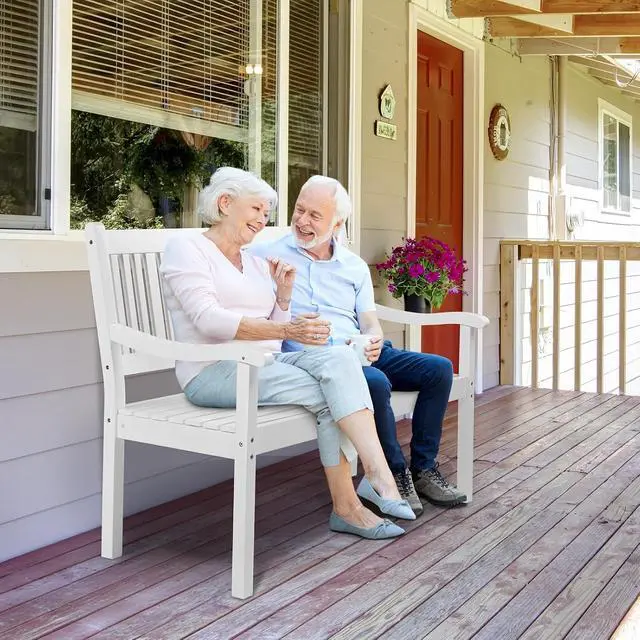 Alt view image 2 of 7 - VINGLI 50" Outdoor Wood Bench, Weatehr Resistant Wooden Garden Patio Bench with Comfortable Backrest & Curved Armrest, 800lb Capacity Loveseat for Front Porch Park Yard Deck (White, Dense Slatted)