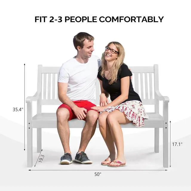 Alt view image 3 of 7 - VINGLI 50" Outdoor Wood Bench, Weatehr Resistant Wooden Garden Patio Bench with Comfortable Backrest & Curved Armrest, 800lb Capacity Loveseat for Front Porch Park Yard Deck (White, Dense Slatted)