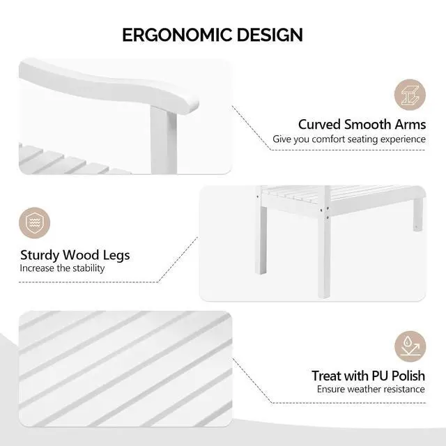 Alt view image 4 of 7 - VINGLI 50" Outdoor Wood Bench, Weatehr Resistant Wooden Garden Patio Bench with Comfortable Backrest & Curved Armrest, 800lb Capacity Loveseat for Front Porch Park Yard Deck (White, Dense Slatted)