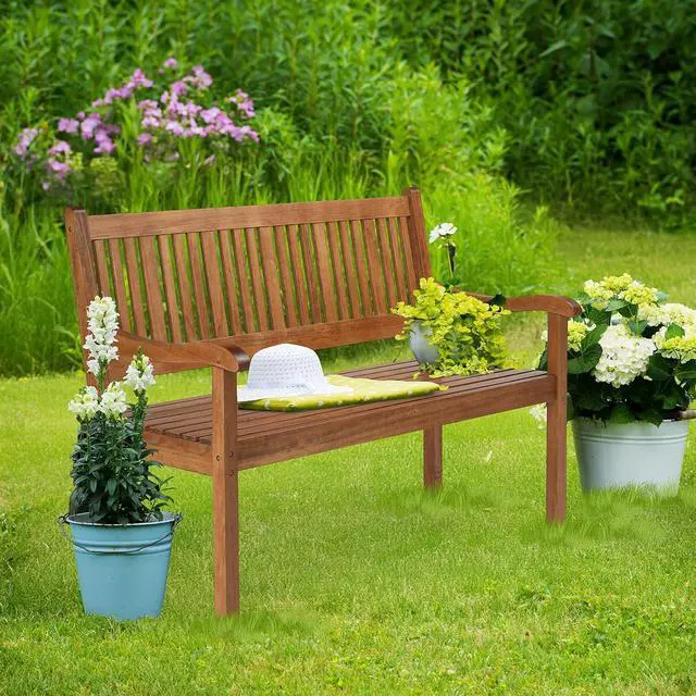 Alt view image 7 of 7 - VINGLI 50" Outdoor Wood Bench, Weatehr Resistant Wooden Garden Patio Bench with Comfortable Backrest & Curved Armrest, 800lb Capacity Loveseat for Front Porch Park Yard Deck (Natural, Dense Slatted)