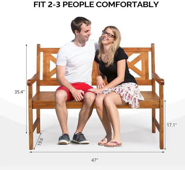 Alt view image 3 of 7 - VINGLI 50" Outdoor Wood Bench, Weatehr Resistant Wooden Garden Patio Bench with Comfortable Backrest & Curved Armrest, 800lb Capacity Loveseat for Front Porch Park Yard Deck (Natural, Geometric)