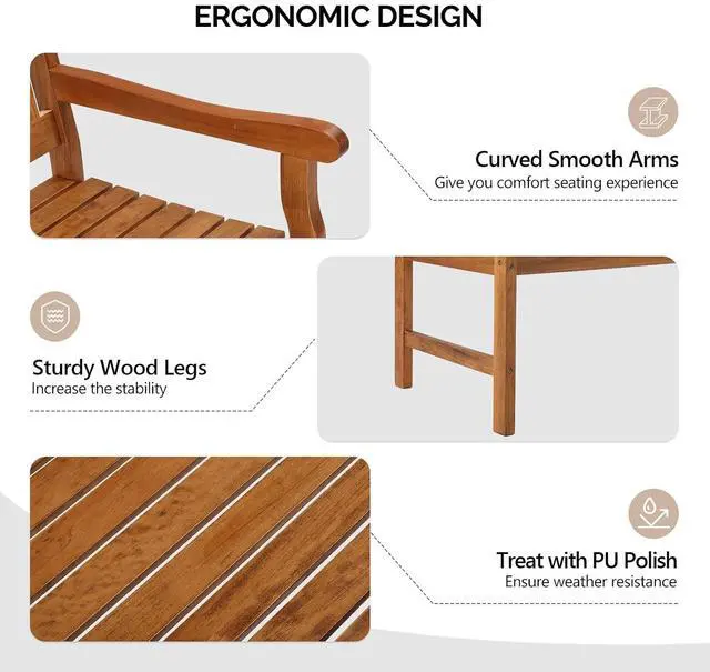Alt view image 4 of 7 - VINGLI 50" Outdoor Wood Bench, Weatehr Resistant Wooden Garden Patio Bench with Comfortable Backrest & Curved Armrest, 800lb Capacity Loveseat for Front Porch Park Yard Deck (Natural, Geometric)