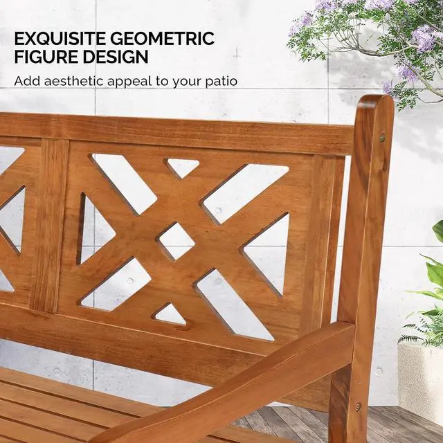 Alt view image 5 of 7 - VINGLI 50" Outdoor Wood Bench, Weatehr Resistant Wooden Garden Patio Bench with Comfortable Backrest & Curved Armrest, 800lb Capacity Loveseat for Front Porch Park Yard Deck (Natural, Geometric)