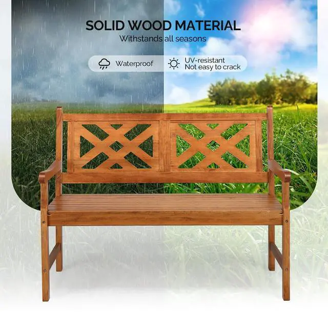 Alt view image 6 of 7 - VINGLI 50" Outdoor Wood Bench, Weatehr Resistant Wooden Garden Patio Bench with Comfortable Backrest & Curved Armrest, 800lb Capacity Loveseat for Front Porch Park Yard Deck (Natural, Geometric)