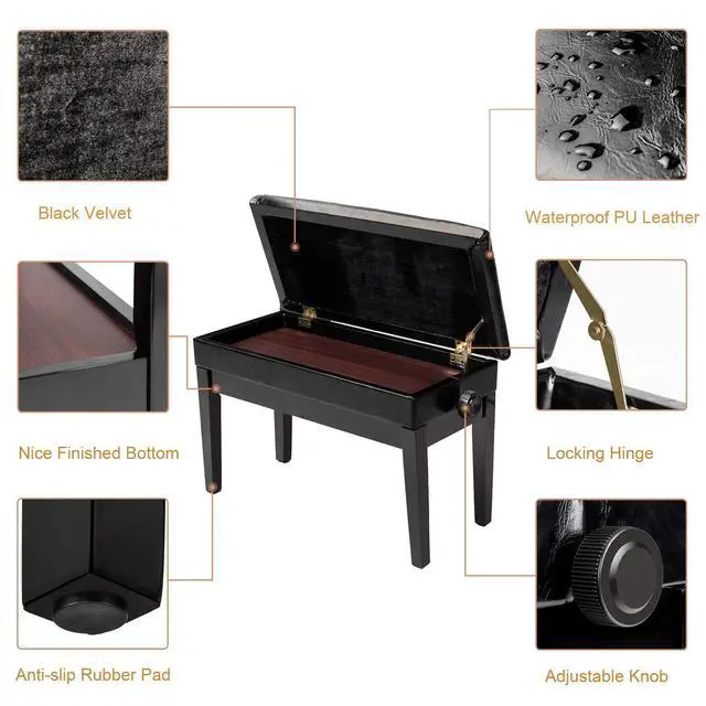 Alt view image 4 of 7 - Bonnlo Adjustable Duet Piano Bench with Storage Faux Leather Seat | Wood Frame, Faux Leather Cushion, Adjustable Height, Hidden Storage, Seats 2 Players, Ideal For Piano And Keyboard