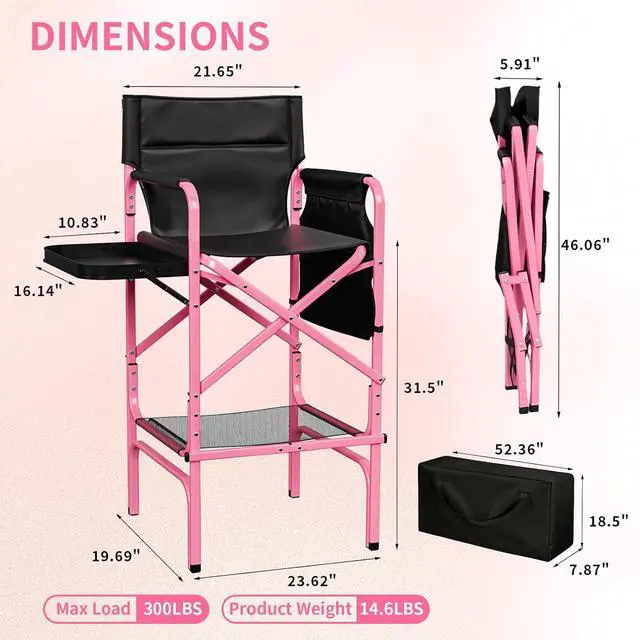 Alt view image 3 of 7 - VINGLI 31" Tall Director's Chair for Makeup Artist, Aluminum Portable Makeup Chair with Retractable Side Table & Footrest,Supports 300 lbs, Foldable Makeup Chair for Studio, Pink & Black