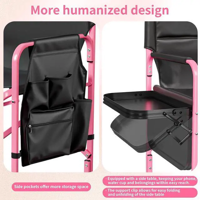 Alt view image 4 of 7 - VINGLI 31" Tall Director's Chair for Makeup Artist, Aluminum Portable Makeup Chair with Retractable Side Table & Footrest,Supports 300 lbs, Foldable Makeup Chair for Studio, Pink & Black
