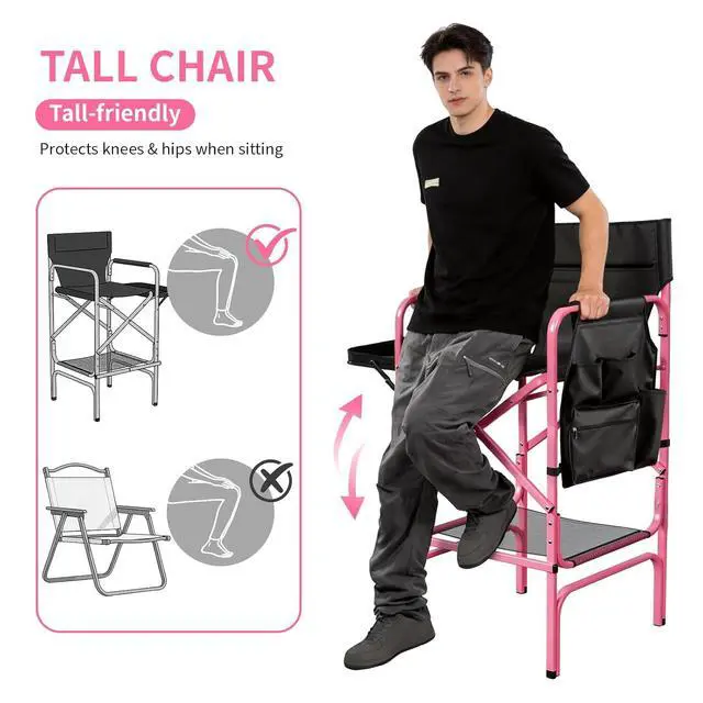 Alt view image 5 of 7 - VINGLI 31" Tall Director's Chair for Makeup Artist, Aluminum Portable Makeup Chair with Retractable Side Table & Footrest,Supports 300 lbs, Foldable Makeup Chair for Studio, Pink & Black