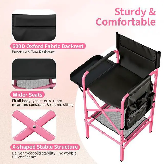 Alt view image 6 of 7 - VINGLI 31" Tall Director's Chair for Makeup Artist, Aluminum Portable Makeup Chair with Retractable Side Table & Footrest,Supports 300 lbs, Foldable Makeup Chair for Studio, Pink & Black