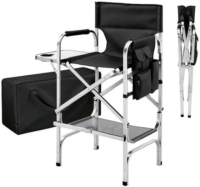 Main image of VINGLI 31" Tall Director's Chair for Makeup Artist, Aluminum Portable Makeup Chair with Retractable Side Table & Footrest,Supports 300 lbs, Foldable Makeup Chair for Studio, Silver & Black