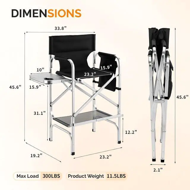 Alt view image 3 of 7 - VINGLI 31" Tall Director's Chair for Makeup Artist, Aluminum Portable Makeup Chair with Retractable Side Table & Footrest,Supports 300 lbs, Foldable Makeup Chair for Studio, Silver & Black