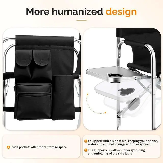 Alt view image 4 of 7 - VINGLI 31" Tall Director's Chair for Makeup Artist, Aluminum Portable Makeup Chair with Retractable Side Table & Footrest,Supports 300 lbs, Foldable Makeup Chair for Studio, Silver & Black