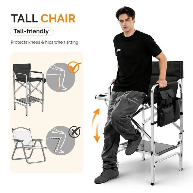 Alt view image 5 of 7 - VINGLI 31" Tall Director's Chair for Makeup Artist, Aluminum Portable Makeup Chair with Retractable Side Table & Footrest,Supports 300 lbs, Foldable Makeup Chair for Studio, Silver & Black