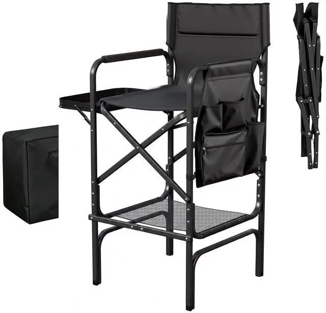 Main image of VINGLI 31" Tall Director's Chair for Makeup Artist, Aluminum Portable Makeup Chair with Retractable Side Table & Footrest,Supports 300 lbs, Foldable Makeup Chair for Studio, Black & Black