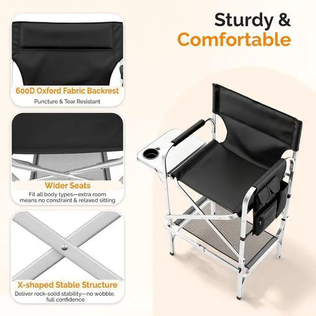 Alt view image 6 of 7 - VINGLI 31" Tall Director's Chair for Makeup Artist, Aluminum Portable Makeup Chair with Retractable Side Table & Footrest,Supports 300 lbs, Foldable Makeup Chair for Studio, Silver & Black