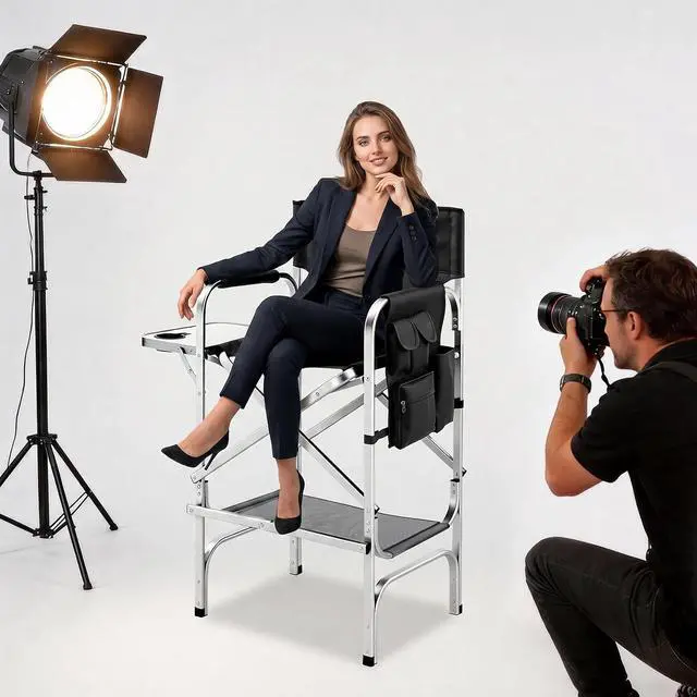 Alt view image 7 of 7 - VINGLI 31" Tall Director's Chair for Makeup Artist, Aluminum Portable Makeup Chair with Retractable Side Table & Footrest,Supports 300 lbs, Foldable Makeup Chair for Studio, Silver & Black