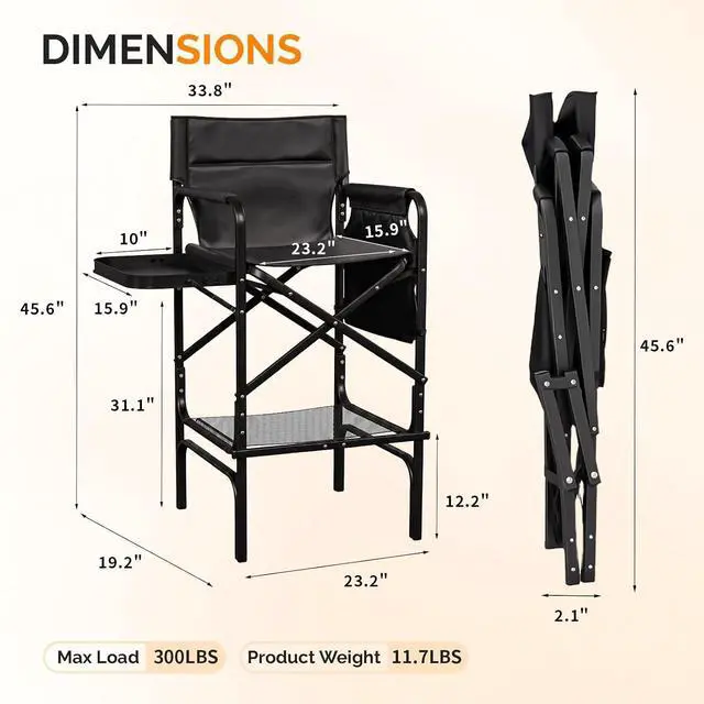Alt view image 3 of 7 - VINGLI 31" Tall Director's Chair for Makeup Artist, Aluminum Portable Makeup Chair with Retractable Side Table & Footrest,Supports 300 lbs, Foldable Makeup Chair for Studio, Black & Black