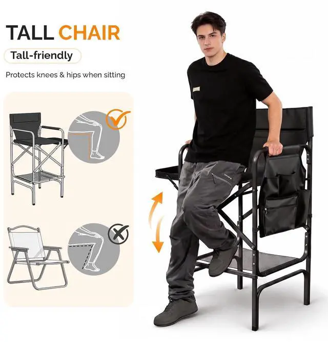 Alt view image 5 of 7 - VINGLI 31" Tall Director's Chair for Makeup Artist, Aluminum Portable Makeup Chair with Retractable Side Table & Footrest,Supports 300 lbs, Foldable Makeup Chair for Studio, Black & Black