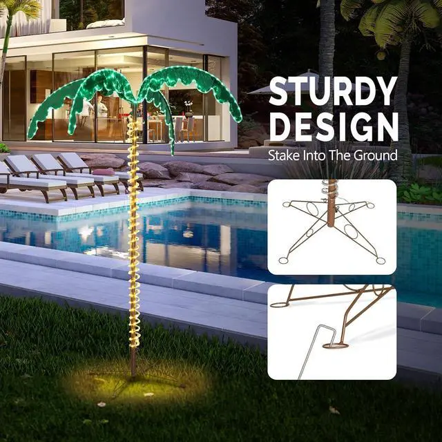 Alt view image 2 of 7 - VINGLI 7FT Lighted Palm Tree, Outdoor Artificial Palm Tree with Lifelike Leaves and Rope LEDs for Outside Patio Pool Yard Holiday Decor