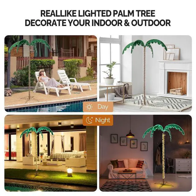 Alt view image 3 of 7 - VINGLI 7FT Lighted Palm Tree, Outdoor Artificial Palm Tree with Lifelike Leaves and Rope LEDs for Outside Patio Pool Yard Holiday Decor