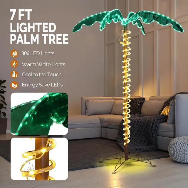 Alt view image 4 of 7 - VINGLI 7FT Lighted Palm Tree, Outdoor Artificial Palm Tree with Lifelike Leaves and Rope LEDs for Outside Patio Pool Yard Holiday Decor