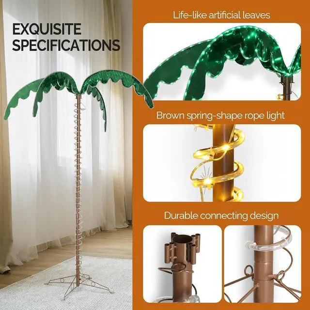 Alt view image 5 of 7 - VINGLI 7FT Lighted Palm Tree, Outdoor Artificial Palm Tree with Lifelike Leaves and Rope LEDs for Outside Patio Pool Yard Holiday Decor