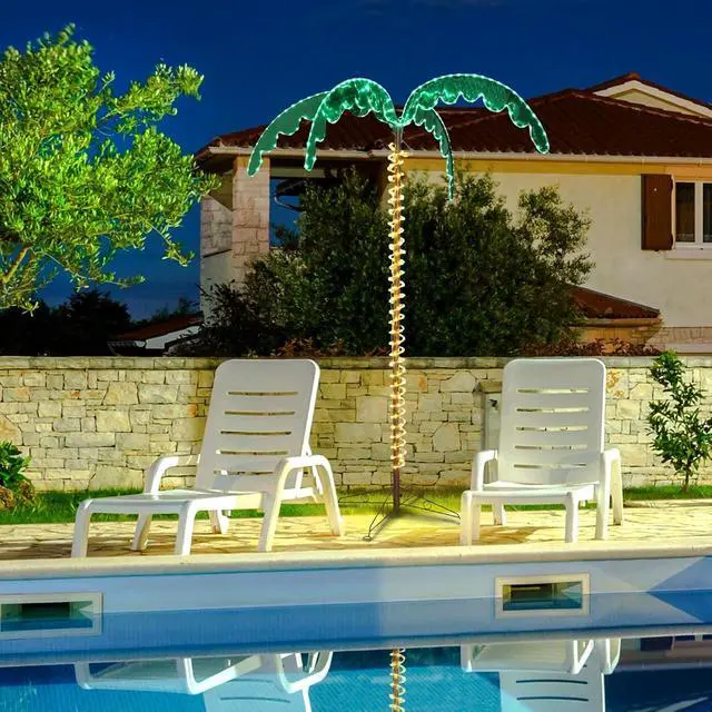 Alt view image 6 of 7 - VINGLI 7FT Lighted Palm Tree, Outdoor Artificial Palm Tree with Lifelike Leaves and Rope LEDs for Outside Patio Pool Yard Holiday Decor