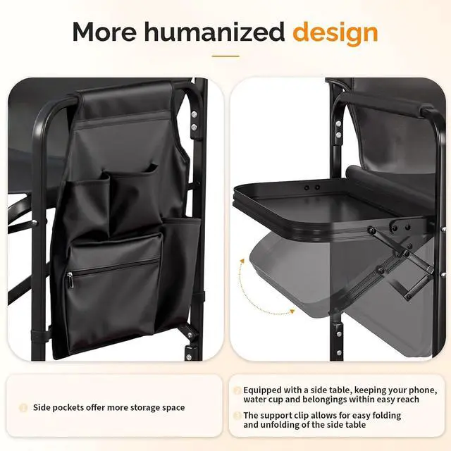Alt view image 4 of 7 - VINGLI 31" Tall Director's Chair for Makeup Artist, Aluminum Portable Makeup Chair with Retractable Side Table & Footrest,Supports 300 lbs, Foldable Makeup Chair for Studio, Black & Black