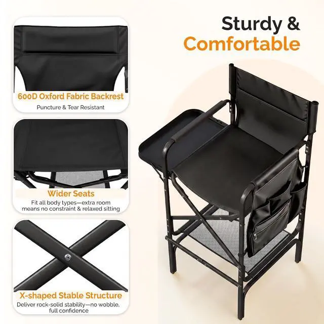 Alt view image 6 of 7 - VINGLI 31" Tall Director's Chair for Makeup Artist, Aluminum Portable Makeup Chair with Retractable Side Table & Footrest,Supports 300 lbs, Foldable Makeup Chair for Studio, Black & Black
