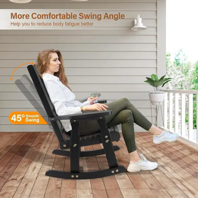 Alt view image 4 of 7 - VINGLI Heavy Duty 600 LBS Outdoor Wooden Rocking Chair with Higher Backrest,Patio Rocking Chair with Ergonomic Design, Weatherproof Outdoor Rockers Suit for Patio, Garden, Balcony, Yard, Black