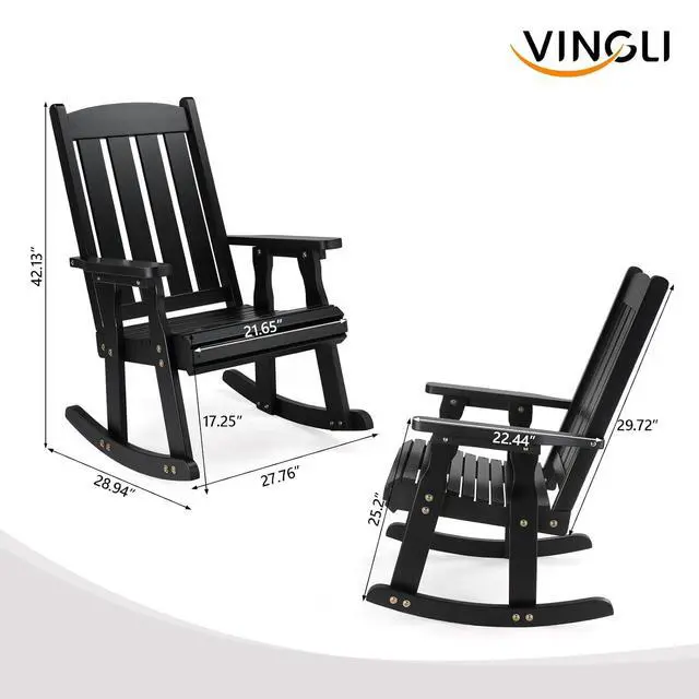 Alt view image 3 of 7 - VINGLI Heavy Duty 600 LBS Outdoor Wooden Rocking Chair with Higher Backrest,Patio Rocking Chair with Ergonomic Design, Weatherproof Outdoor Rockers Suit for Patio, Garden, Balcony, Yard, Black