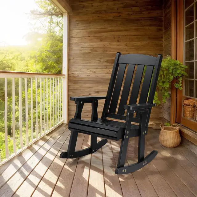 Alt view image 2 of 7 - VINGLI Heavy Duty 600 LBS Outdoor Wooden Rocking Chair with Higher Backrest,Patio Rocking Chair with Ergonomic Design, Weatherproof Outdoor Rockers Suit for Patio, Garden, Balcony, Yard, Black