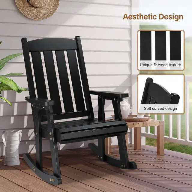 Alt view image 5 of 7 - VINGLI Heavy Duty 600 LBS Outdoor Wooden Rocking Chair with Higher Backrest,Patio Rocking Chair with Ergonomic Design, Weatherproof Outdoor Rockers Suit for Patio, Garden, Balcony, Yard, Black