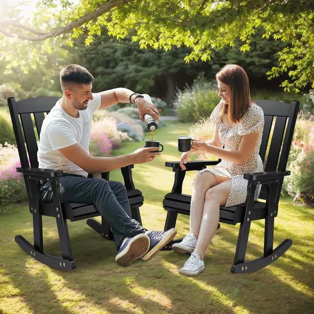 Alt view image 7 of 7 - VINGLI Heavy Duty 600 LBS Outdoor Wooden Rocking Chair with Higher Backrest,Patio Rocking Chair with Ergonomic Design, Weatherproof Outdoor Rockers Suit for Patio, Garden, Balcony, Yard, Black