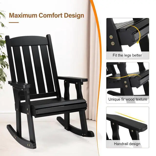 Alt view image 6 of 7 - VINGLI Heavy Duty 600 LBS Outdoor Wooden Rocking Chair with Higher Backrest,Patio Rocking Chair with Ergonomic Design, Weatherproof Outdoor Rockers Suit for Patio, Garden, Balcony, Yard, Black