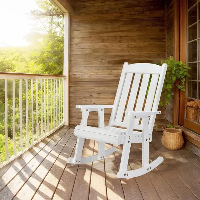 Alt view image 2 of 7 - VINGLI Heavy Duty 600 LBS Outdoor Wooden Rocking Chair with Higher Backrest,Patio Rocking Chair with Ergonomic Design, Weatherproof Outdoor Rockers Suit for Patio, Garden, Balcony, Yard, White