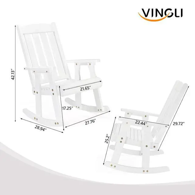 Alt view image 3 of 7 - VINGLI Heavy Duty 600 LBS Outdoor Wooden Rocking Chair with Higher Backrest,Patio Rocking Chair with Ergonomic Design, Weatherproof Outdoor Rockers Suit for Patio, Garden, Balcony, Yard, White
