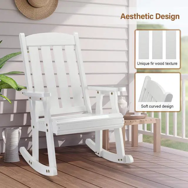 Alt view image 5 of 7 - VINGLI Heavy Duty 600 LBS Outdoor Wooden Rocking Chair with Higher Backrest,Patio Rocking Chair with Ergonomic Design, Weatherproof Outdoor Rockers Suit for Patio, Garden, Balcony, Yard, White