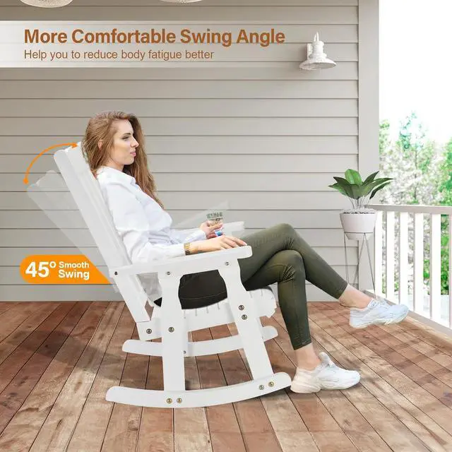 Alt view image 4 of 7 - VINGLI Heavy Duty 600 LBS Outdoor Wooden Rocking Chair with Higher Backrest,Patio Rocking Chair with Ergonomic Design, Weatherproof Outdoor Rockers Suit for Patio, Garden, Balcony, Yard, White
