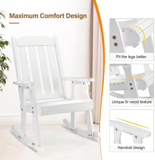Alt view image 6 of 7 - VINGLI Heavy Duty 600 LBS Outdoor Wooden Rocking Chair with Higher Backrest,Patio Rocking Chair with Ergonomic Design, Weatherproof Outdoor Rockers Suit for Patio, Garden, Balcony, Yard, White