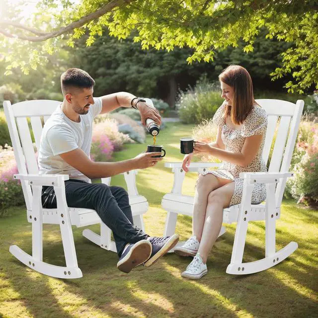 Alt view image 7 of 7 - VINGLI Heavy Duty 600 LBS Outdoor Wooden Rocking Chair with Higher Backrest,Patio Rocking Chair with Ergonomic Design, Weatherproof Outdoor Rockers Suit for Patio, Garden, Balcony, Yard, White