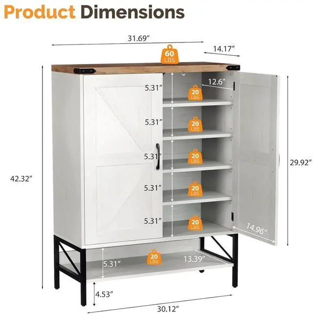 Alt view image 2 of 7 - VINGLI Farmhouse Shoe Cabinet for Entryway, 32" Antique White Shoe Storage Cabinet with 2 Barn Doors, Large Capacity Shoe Organizer with Adjustable Shelves for Foyer, Bedroom, Closet