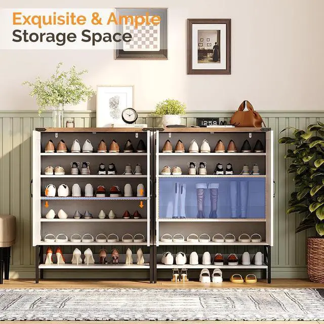 Alt view image 4 of 7 - VINGLI Farmhouse Shoe Cabinet for Entryway, 32" Antique White Shoe Storage Cabinet with 2 Barn Doors, Large Capacity Shoe Organizer with Adjustable Shelves for Foyer, Bedroom, Closet