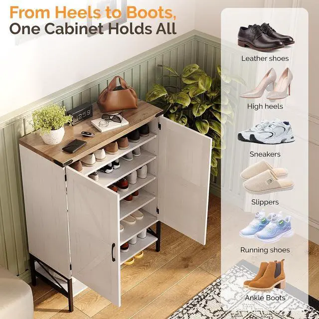 Alt view image 5 of 7 - VINGLI Farmhouse Shoe Cabinet for Entryway, 32" Antique White Shoe Storage Cabinet with 2 Barn Doors, Large Capacity Shoe Organizer with Adjustable Shelves for Foyer, Bedroom, Closet